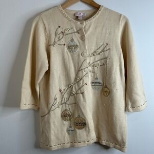 VTG Quacker Factory Cardigan Sweater M Cream Embroidered Christmas Tree Ornament